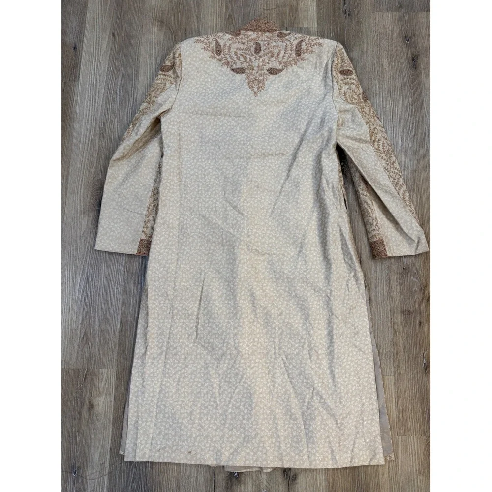 Sherwani Long Coat Mens 38 Cream Gold Paisley Embroidered Bollywood Desi Groom